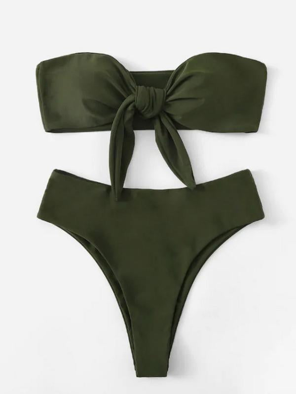 Solid Color Knotted Strapless Split Bikini Swimsuit