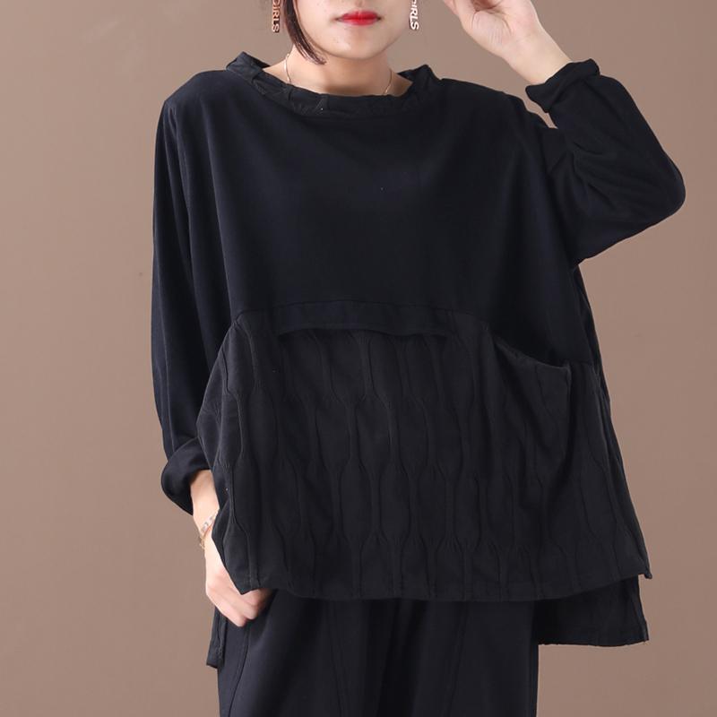 Buykud Loose Split Hem Spliced Long Sleeve Blouse