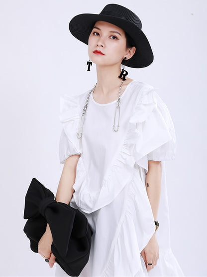 Original Irregular Solid Color Split-Joint Falbala Round-Neck Short Sleeves Midi Dress