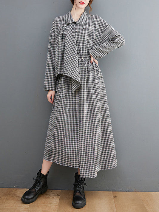 Artistic Retro Irregular Split-Joint Plaid Pleated Buttoned Elasticity Waist Lapel Collar Long Sleeves Midi Shirt Dress