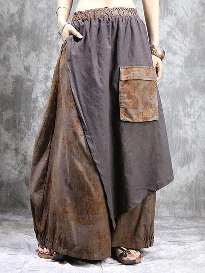 Loose Ramie Cotton Split-joint Printed Skirt Bottom