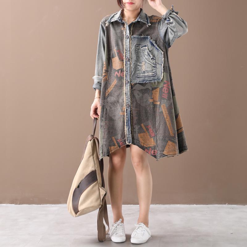 Buykud Patchwork Printed Single Breasted Casual Dress