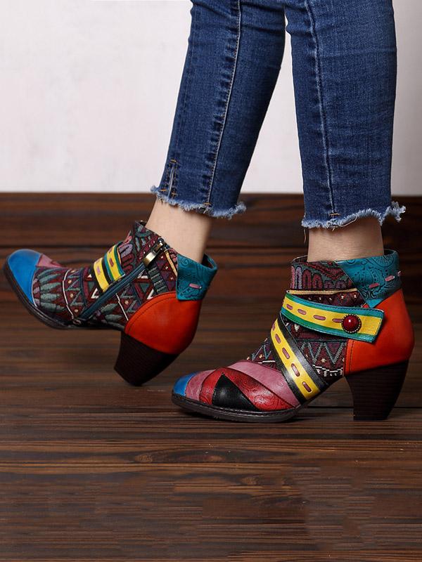 Vintage Split-joint Zipper Mid Heels Booties