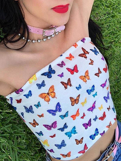 Butterfly Printed Off Shouler Tees