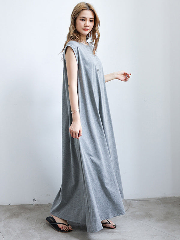 Simple Solid Color Oversized A-Line Round-Neck Cap Sleeves Maxi Dress