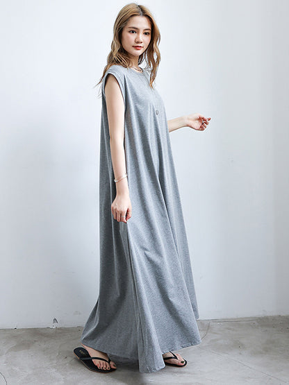 Simple Solid Color Oversized A-Line Round-Neck Cap Sleeves Maxi Dress