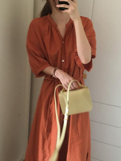 Oversize Solid V-neck Blouse Dress