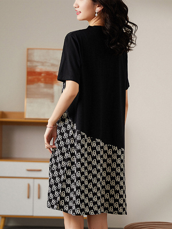 Original Loose Split-Joint Letter Printed Round-Neck Short Sleeves False Two Mini Dress