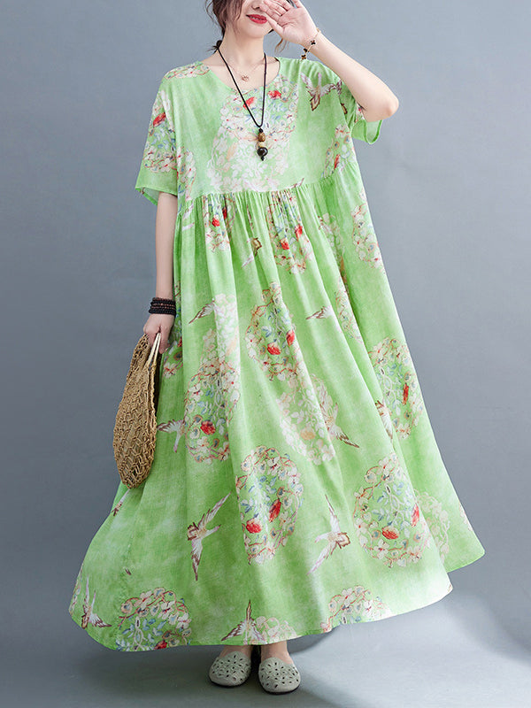Loose Artistic Loose Floral Printed Pleated Midi Dress