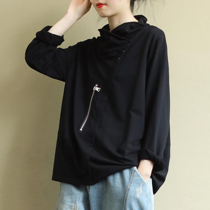 Buykud Solid Color Casual Zipper Long Sleeve Blouse