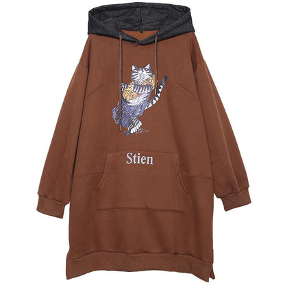 Buykud Cartoon Cat Casual Loose Comfortable Hooded Dress