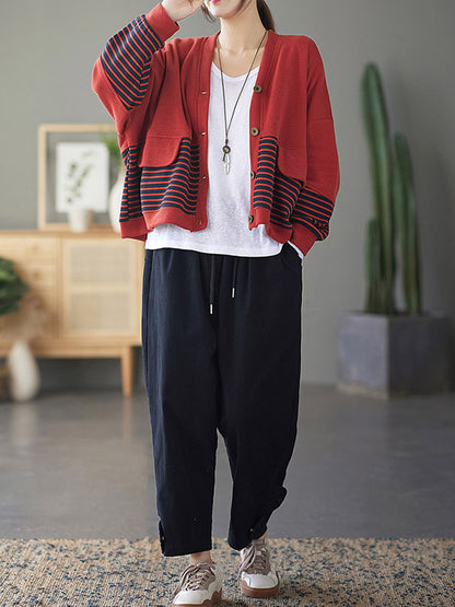 Casual Striped Buttoned V-Neck Batwing Sleeve Outerwear