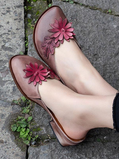 Genuine Leather Flower Decorated Round Toe Mules&Slides