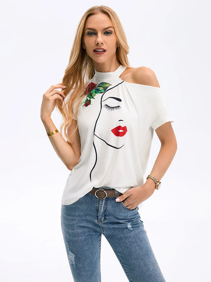 Original One-Shoulder Floral Face Printed T-Shirt Top