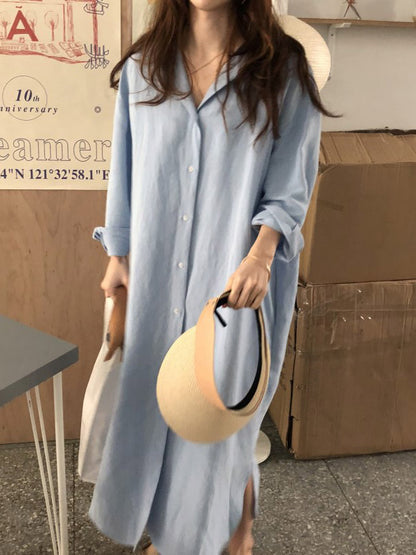Simple Loose Casual Solid Color Buttoned Split-Side Lapel Collar Long Sleeves Midi Shirt Dress