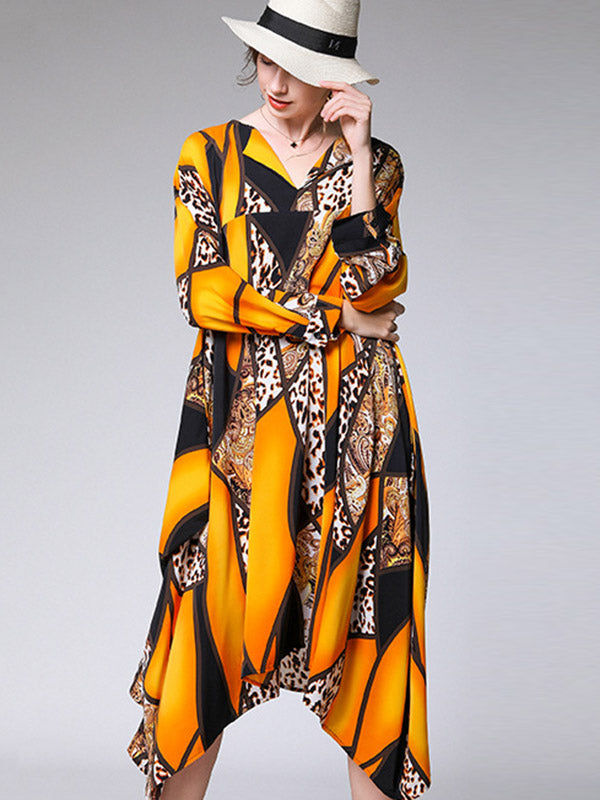 Casual Loose Split-Joint Contrast Color Leopard Floral Printed Lapel Collar Long Sleeves Midi Dress