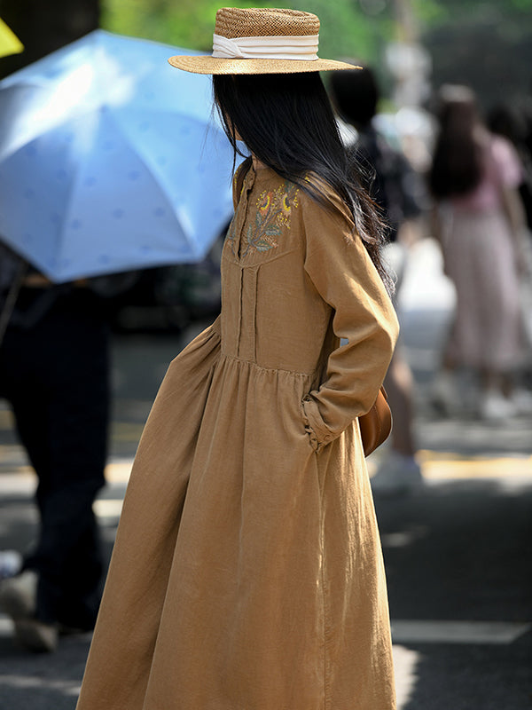 Vintage A-Line Loose Embroidered Stand Collar Midi Dresses