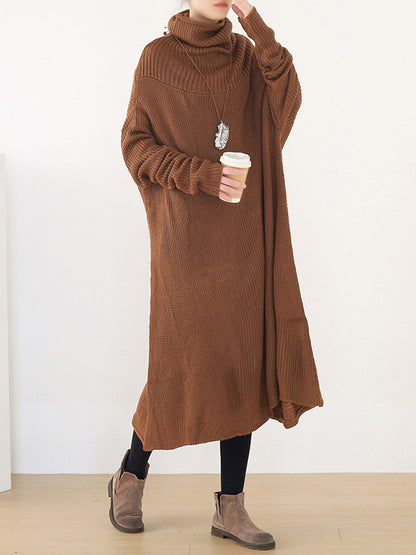 Casual Solid Color High-Neck Long Sleeves Knitted Sweater Midi Dress