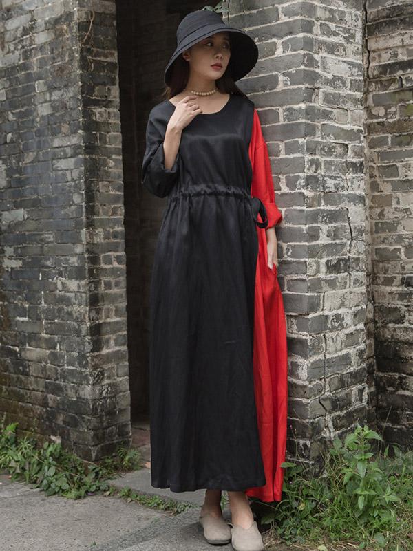 Color Blocking Tencel Linen Round-neck Long Dress