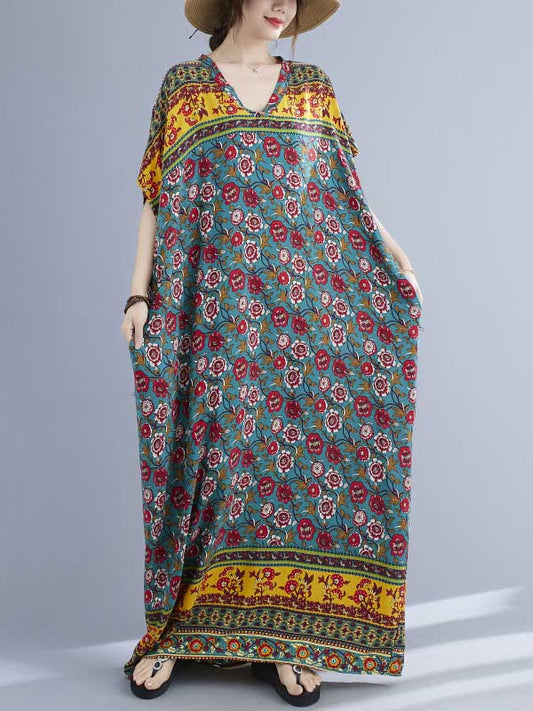 Vacation Flower Print V-Neck Batwing Sleeve Maxi Dress