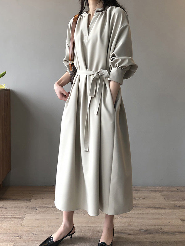 Urban Simple Solid Color Pleated Tied V-Neck Long Sleeves Midi Dress