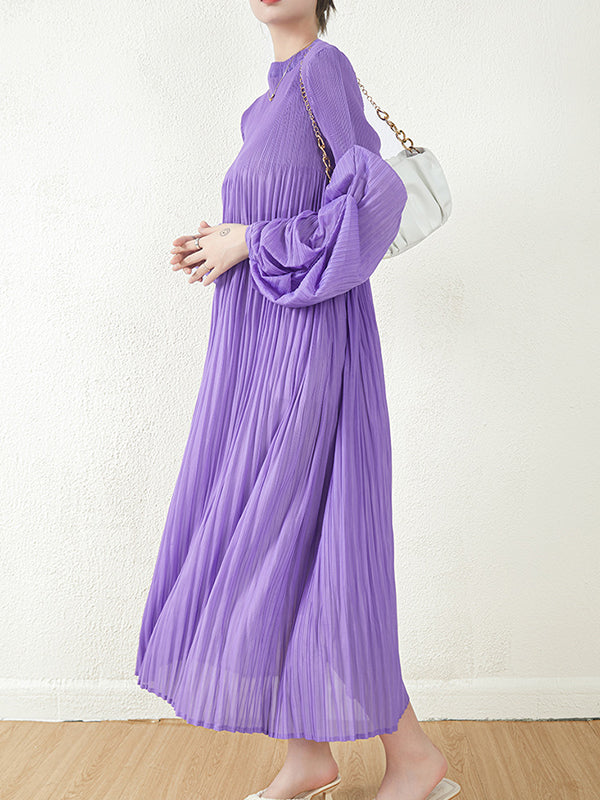 Loose Long Pile Sleeves Pleated Solid Color Round-Neck Midi Dresses