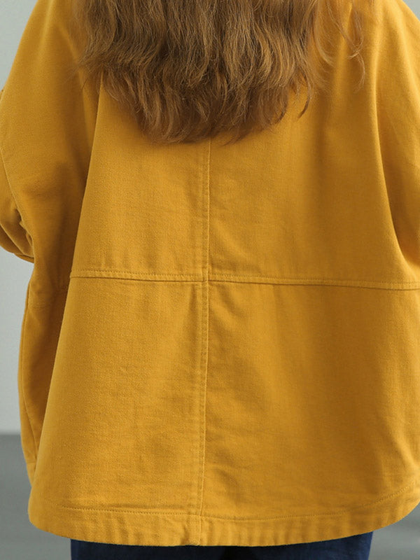 Simple Solid Color Buttoned Notched Collar Batwing Sleeve Outerwear
