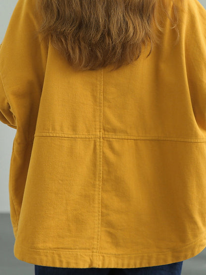 Simple Solid Color Buttoned Notched Collar Batwing Sleeve Outerwear