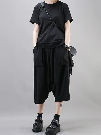 Simple Black Large Pockets Harem Pants