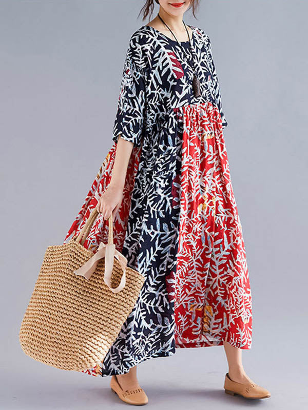 Original Printing Split-Joint Half Sleeve Midi Dress