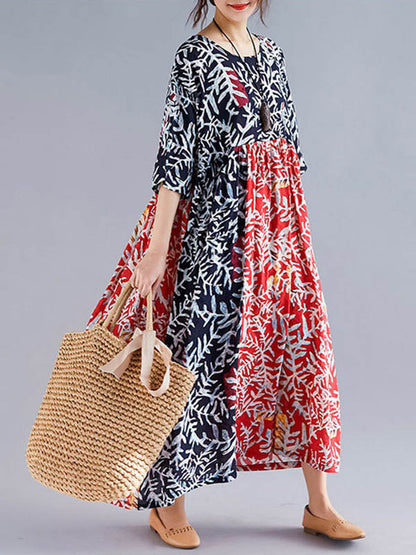 Original Printing Split-Joint Half Sleeve Midi Dress
