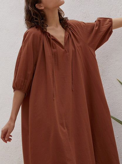 Casual Loose Linen 3 Colors Tied Pleated V-Neck Bishop Half Sleeves Midi Dress