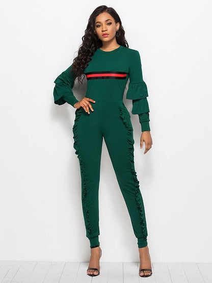 Striped Falbala With Pockets Sports Jumpsuit