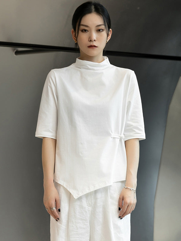 Simple White Stand Collar Half Sleeve Asymmetric T-Shirt