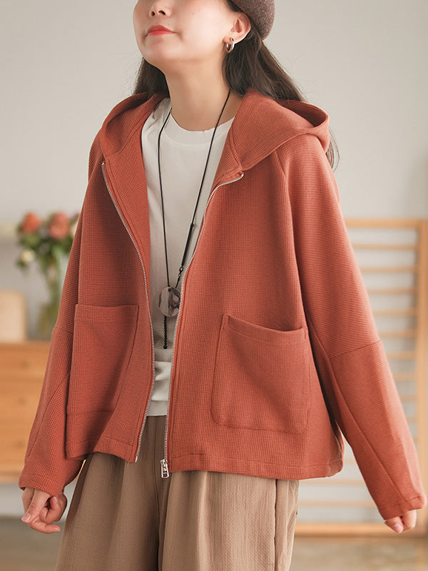 Casual Loose Solid Color Hooded Split-Joint Zipper Outerwear