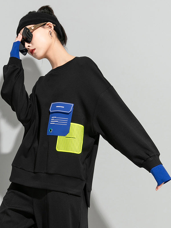 Casual Cool Contrast Color Split-Joint Letter Printed Round-Neck Long Sleeves Sweatshirts