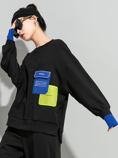 Casual Cool Contrast Color Split-Joint Letter Printed Round-Neck Long Sleeves Sweatshirts