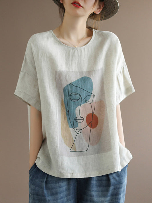 Original Linen Cartoon Printed Short Sleeve T-Shirts Tops