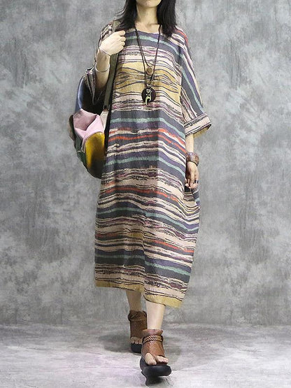 Vintage Printed Batwing Sleeves  Midi Dress