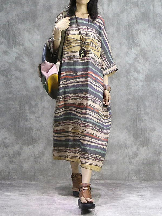 Vintage Printed Batwing Sleeves  Midi Dress