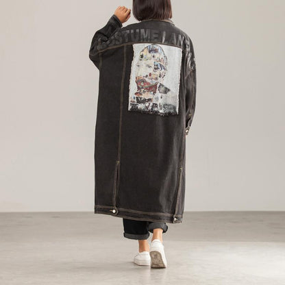 Denim Character Loose Burrs BF Style Slit Coat
