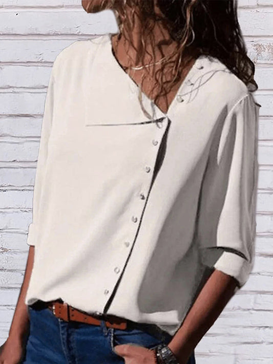 Causal Buttoned Asymmetric Long Sleeves V-Neck Blouse Tops