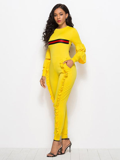 Striped Falbala With Pockets Sports Jumpsuit
