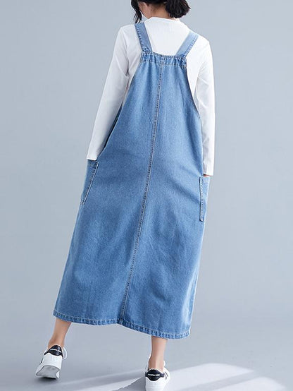 Denim Blue Front-pocket Long Dress