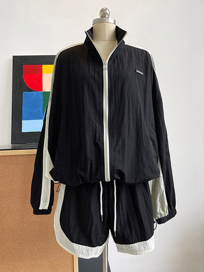 Original Casual Sports Sun-Protection Contrast Color Zipper Outwear&Shorts 2 Pieces Set