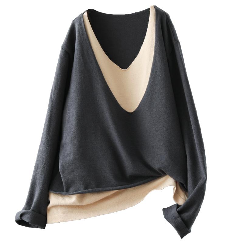 Buykud Solid Color Spliced Fake Two-piece Blouse