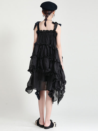 Stylish Cropped Pleated Split-Joint Bandage Spaghetti-Neck Midi Dress