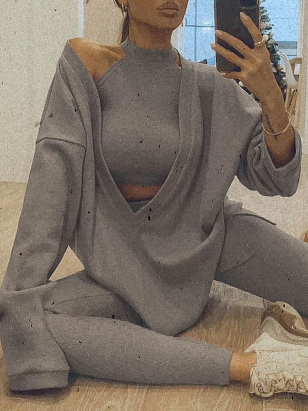 Solid Color Threaded Tanks&Pullover Two Pieces Set - kailaple