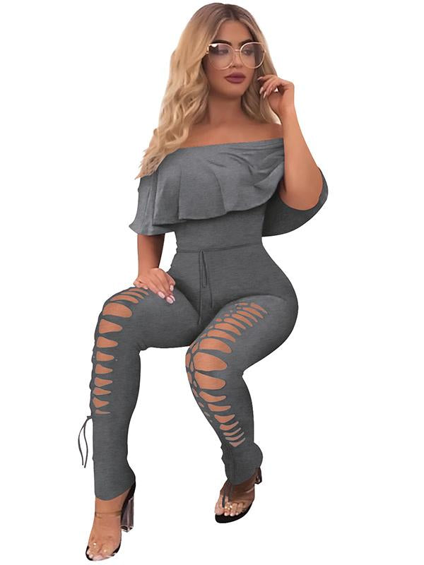 Off-The-Shoulder Lotus Leaf Sleeves Solid Sexy Jumpsuit
