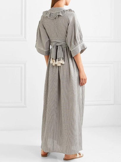 Pinstripe V-neck Half Sleeves Maxi Dress